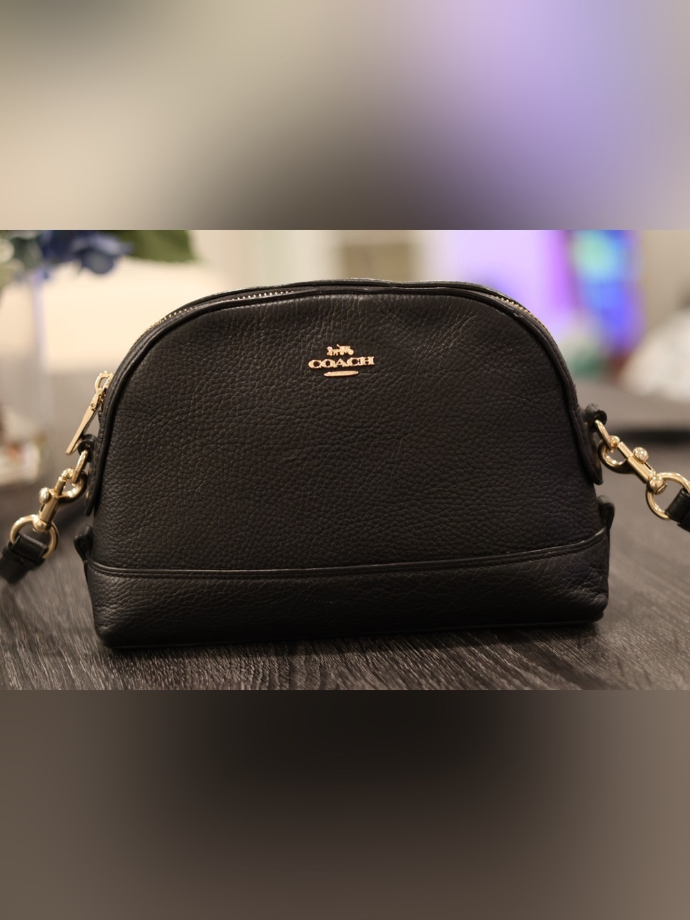 Coach Black Pebbled Leather Dome Crossbody Bag Gold Hardware Adjustable Strap